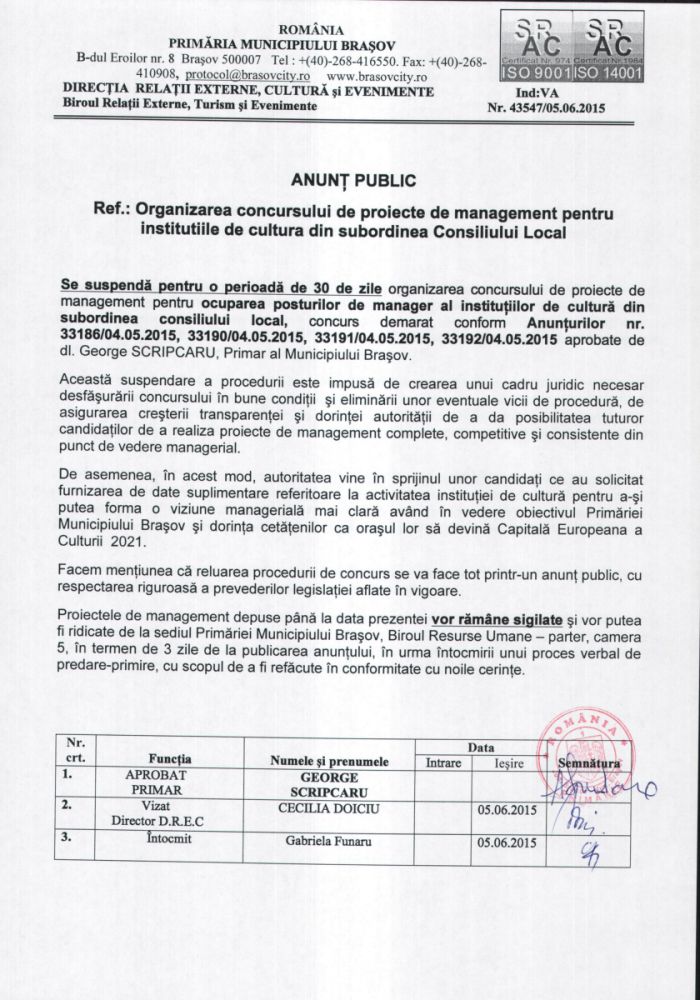 Anunț suspendare concurs manager Opera Brașov
