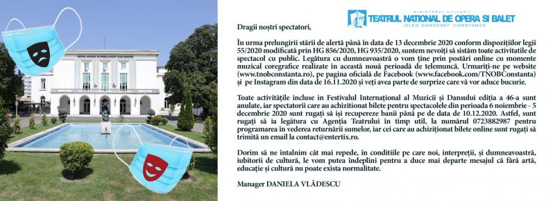 Anulare Festivalul Internațional al Muzicii și Dansului - Ediția a 46-a