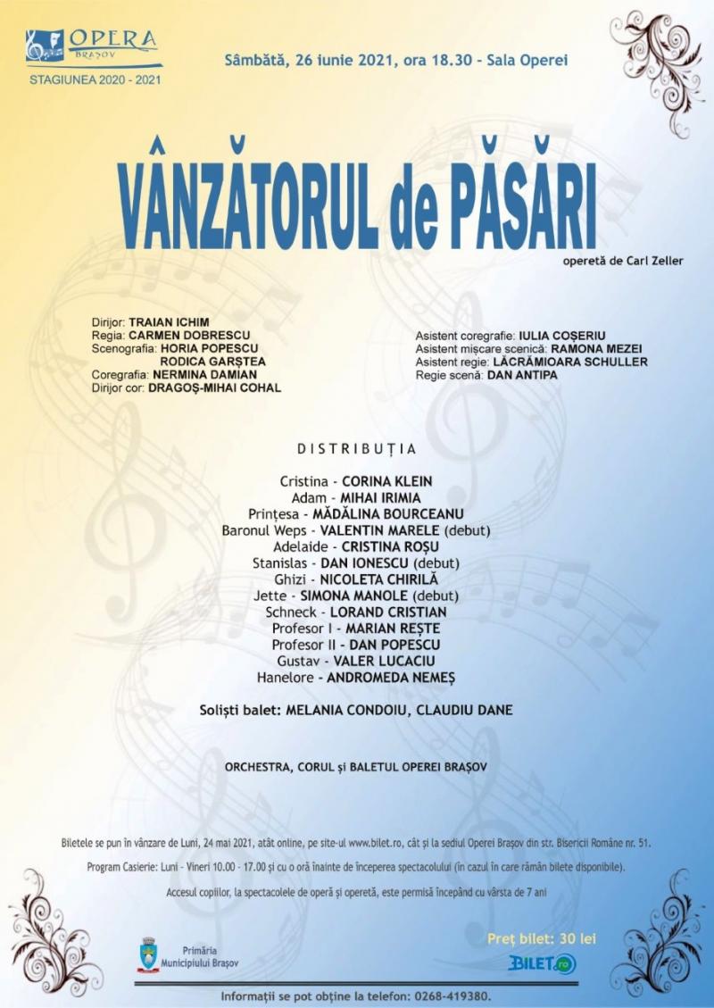 „Vânzătorul de păsări” încheie stagiunea în Sala Operei Brașov
