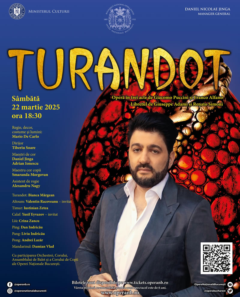 Turandot de Puccini, cu tenorul azer de talie internațională Yusif Eyvazov în rolul Calaf